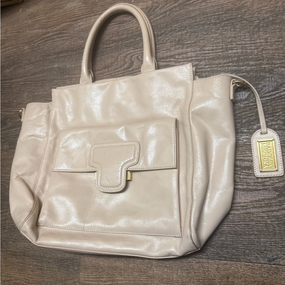 Badgley Mischka EUC large light light pick/Ivory leather Tote Bag - Picture 2 of 15
